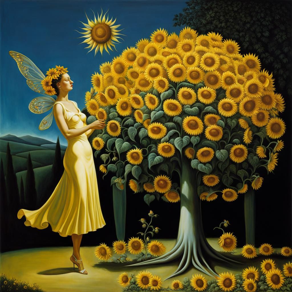 Surreal Fairy Woman and Sunflower Tree