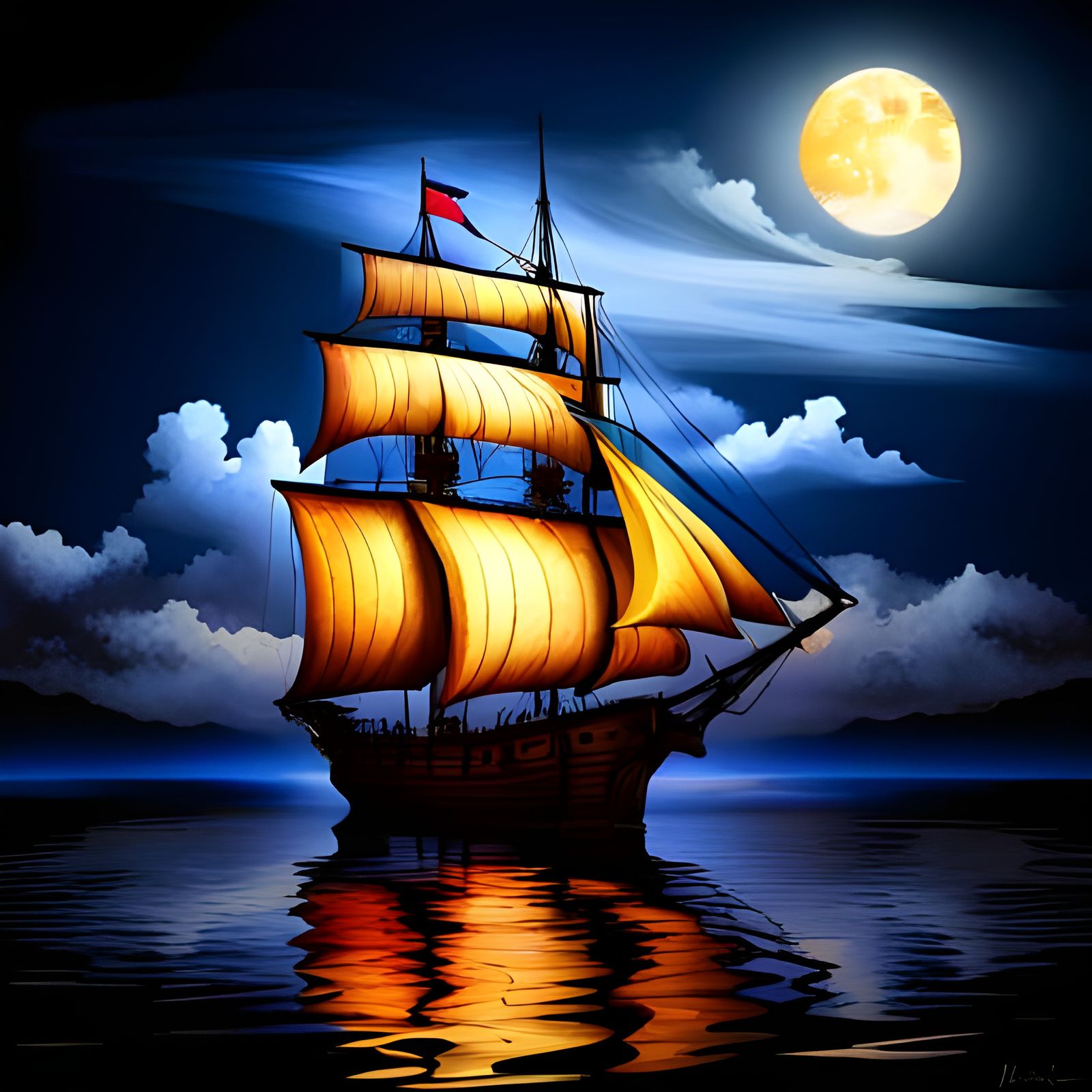 Spanish Galleon at Night: Watercolor Fantasy