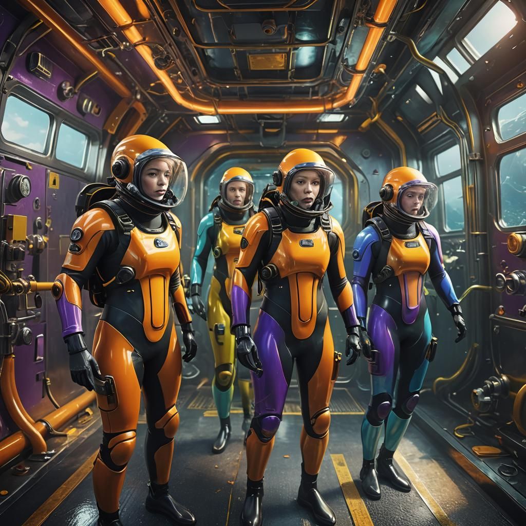 Scuba Divers in Colorful Wetsuits Readying in Airlock