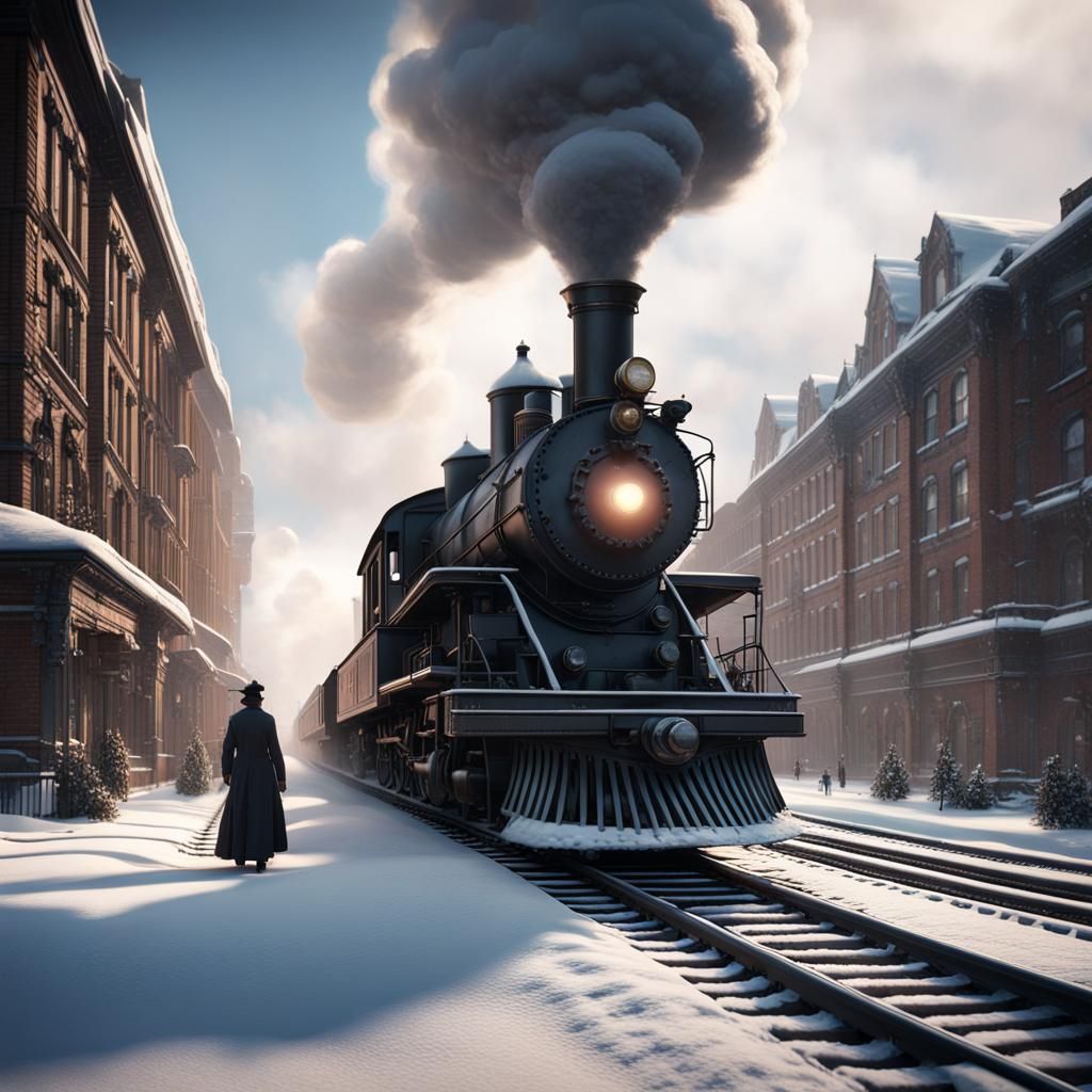 Snowy City Train: Detailed Matte Painting