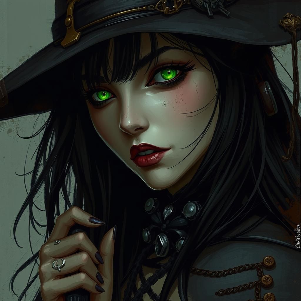 Gothic Steampunk Witch with Green Eyes