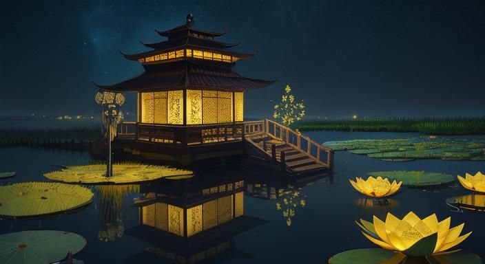 Golden Lantern in Water Lily Pond at Night