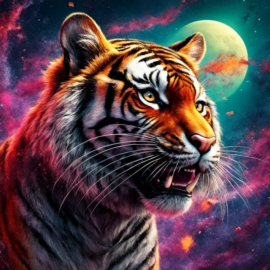 Realistic Cartoon Tiger Hybrid in Auroracore Moonscape