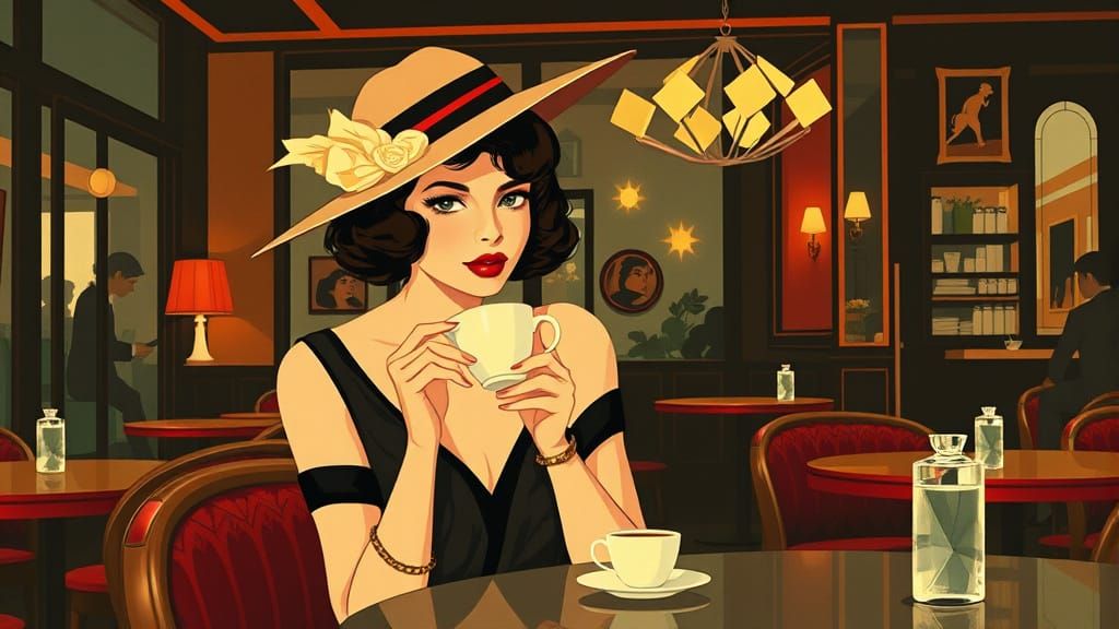 Elegant Woman in 1930s Cafe, Art Deco Style