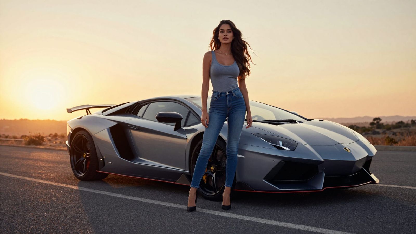 Stylish Woman Poses With Luxury Sports Car at Sunset