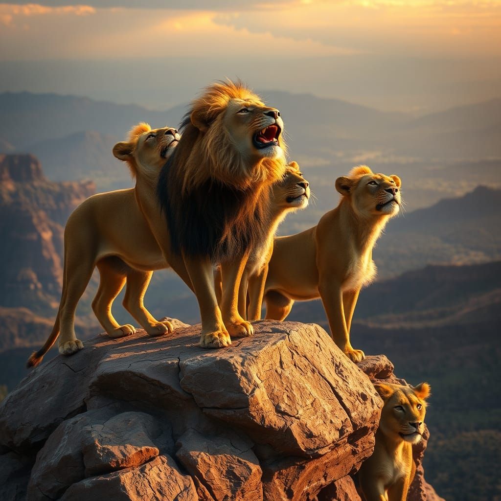 Majestic Lion Pride Roaring in Hyperrealistic Style