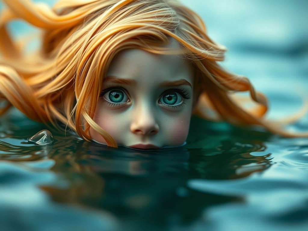 Young Mermaid Peeks Out at Mysterious Land in Dreamy Realist...
