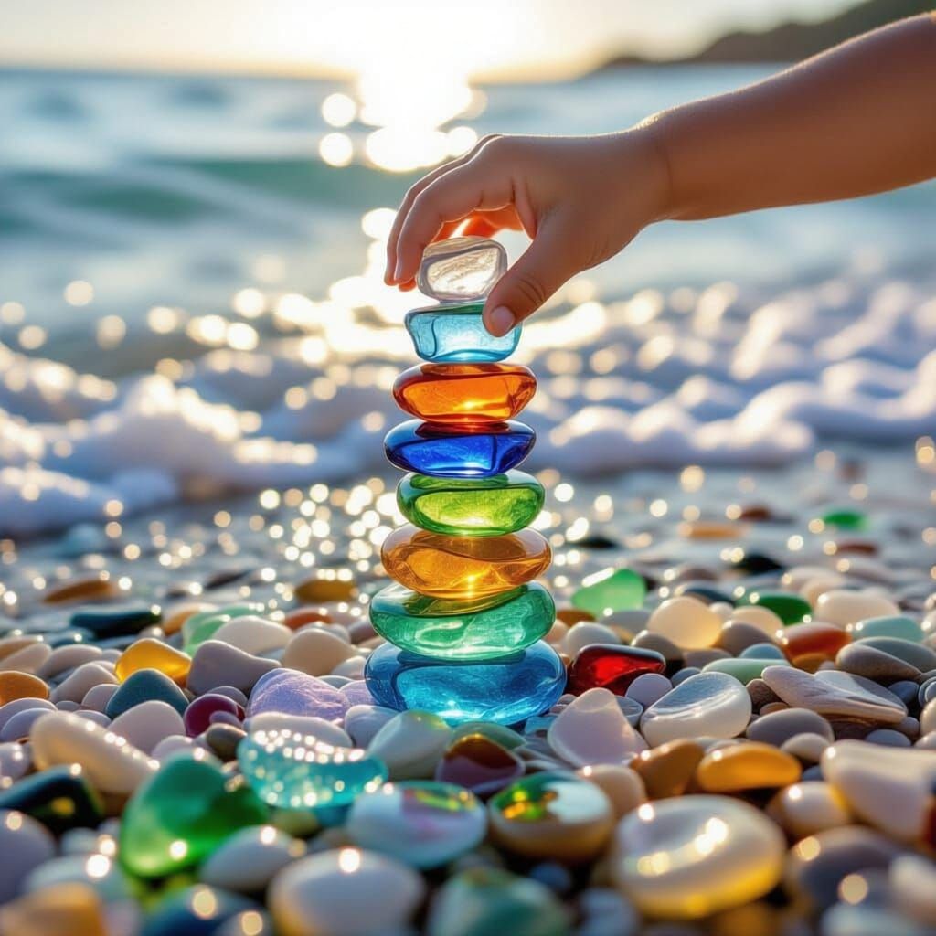 Child Stacking Colorful Sea Glass on Sunny Beach