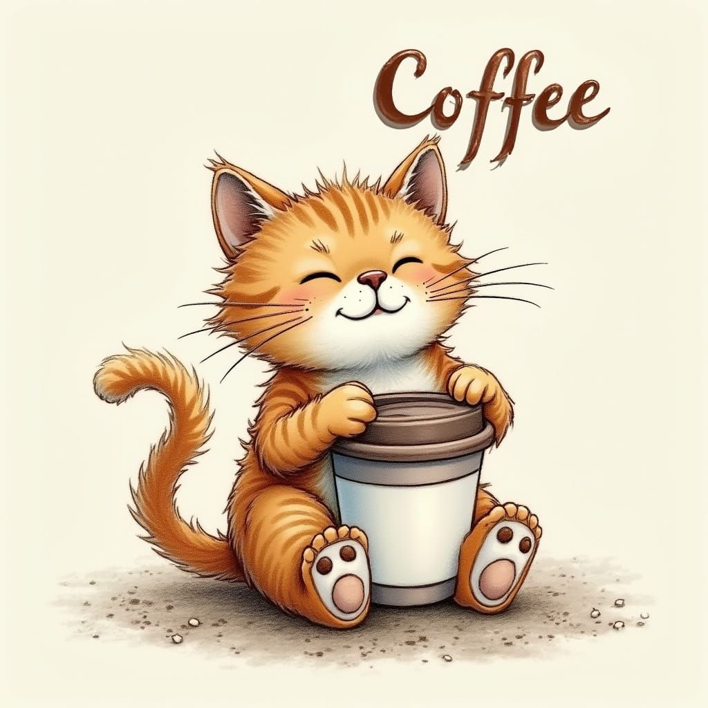 Cat Holding Coffee Cup Logo in Detailed Pencil Art Style