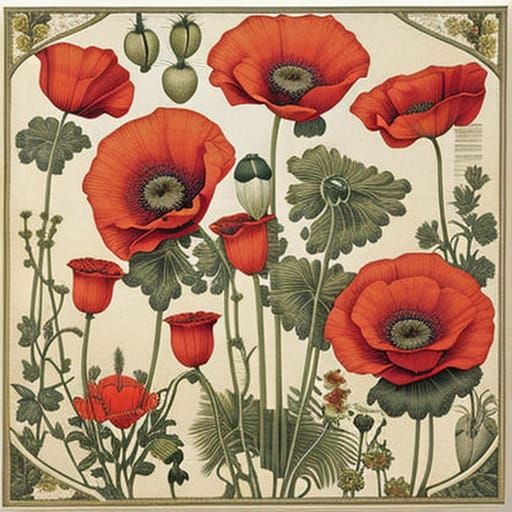 Poppy Botanical Chart with Decorated Frame