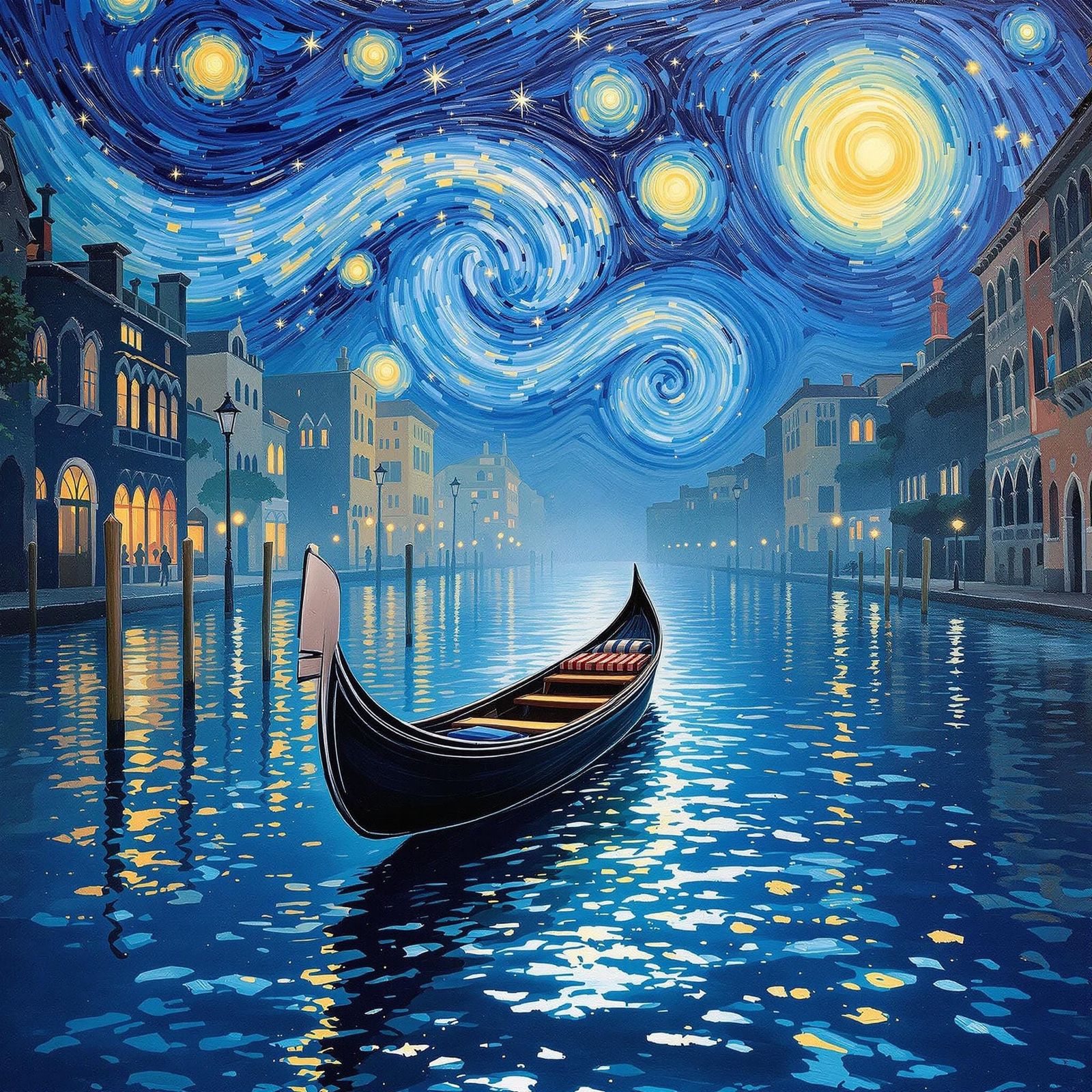Venice Canal Starry Night in Impressionist Style
