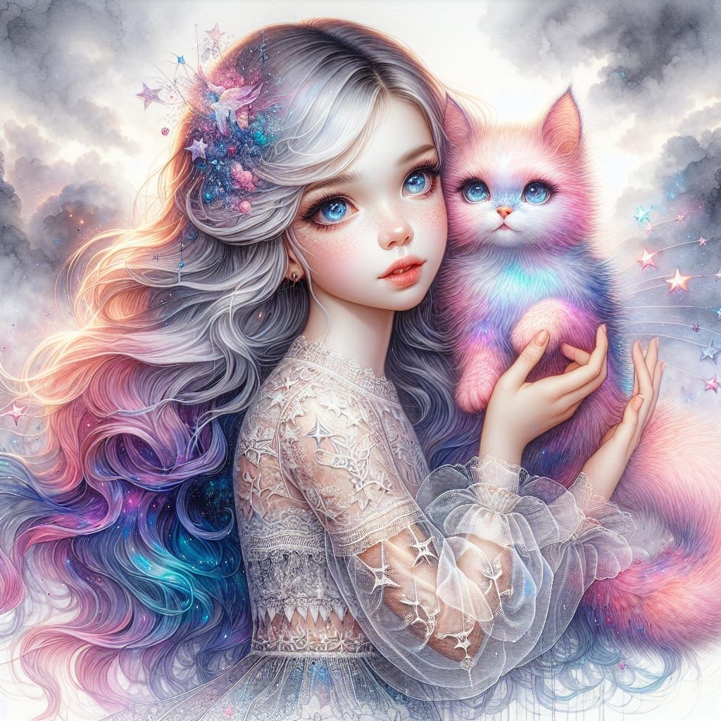 Girl with Pink Cat in Fantasy Digital Art