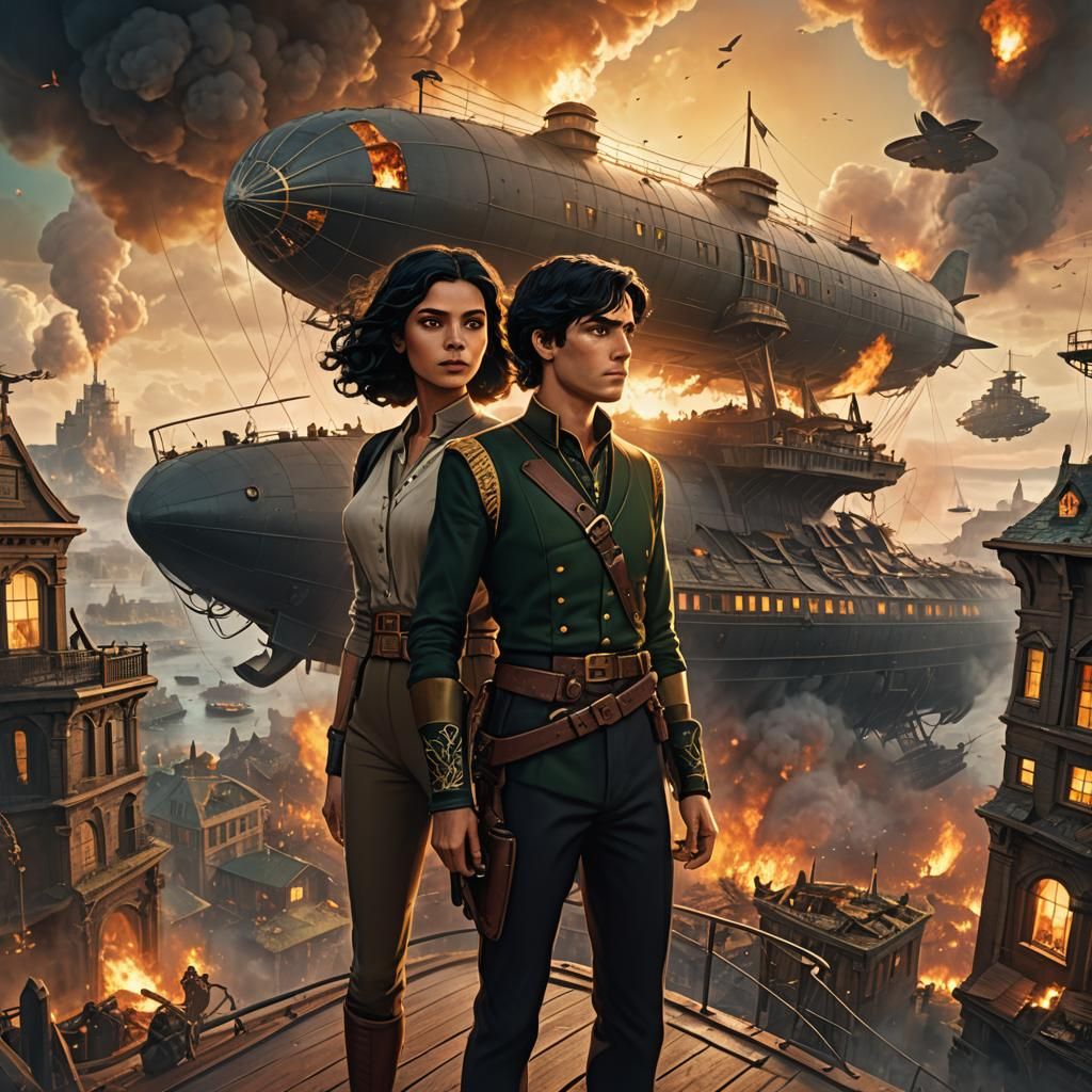 Airship Witnessing Destruction: Fantasy Concept Art