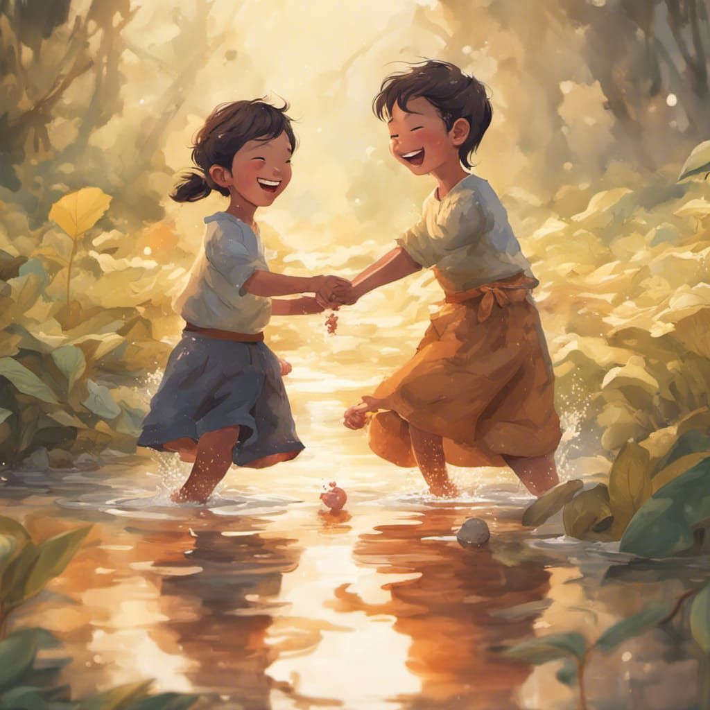 Happy Friends Playing in Water: Cel-Shaded Art