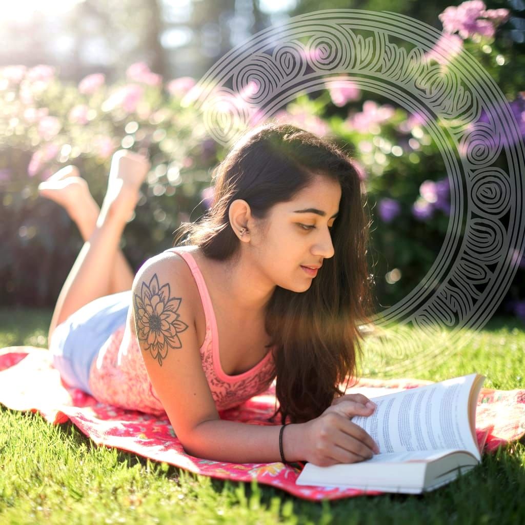 Surreal Garden Scene of a Young Woman Reading Amidst Vibrant...
