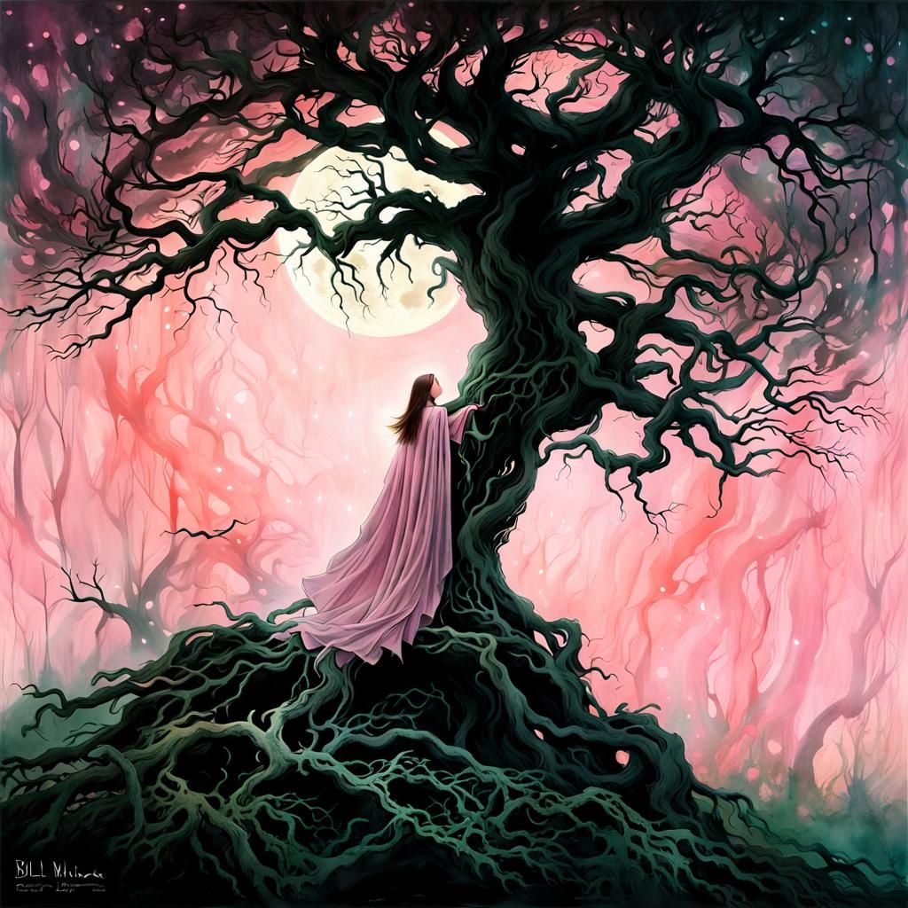 Mystical Cloaked Woman in Pink Mist, Matte Painting