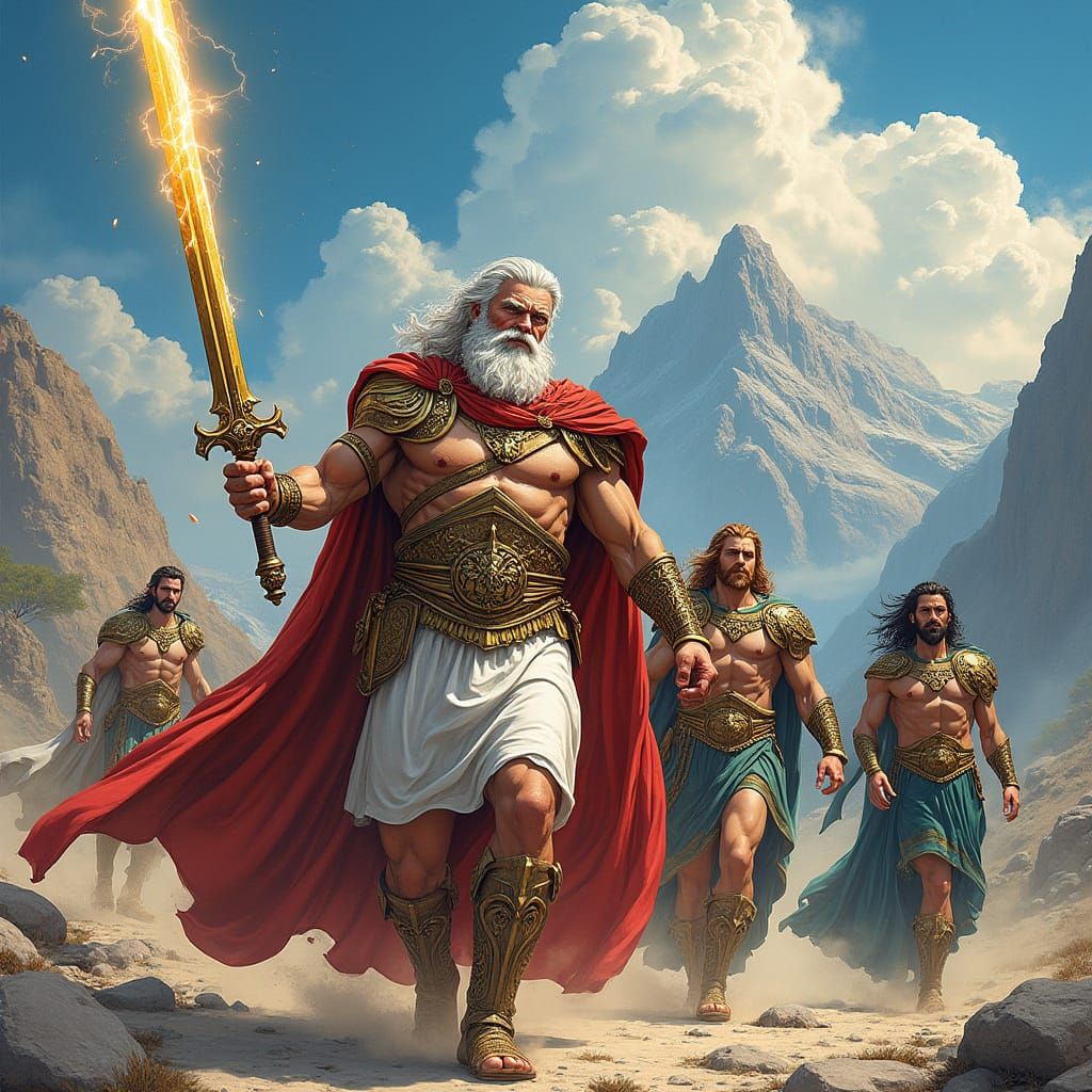 Zeus Leads Gods on Mount Olympus in Comic Style