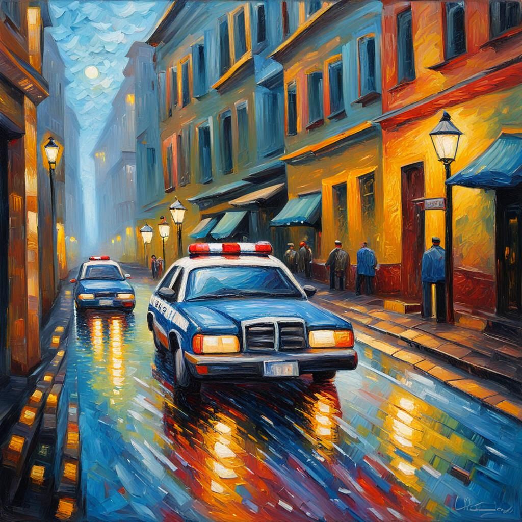Police Car in City, Neo-Impressionist Oil Painting