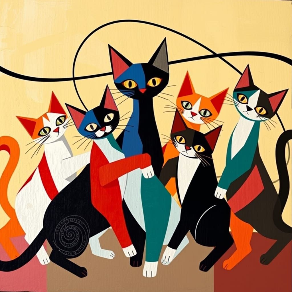 Vibrant Whimsical Cats in Dynamic Cubist Composition