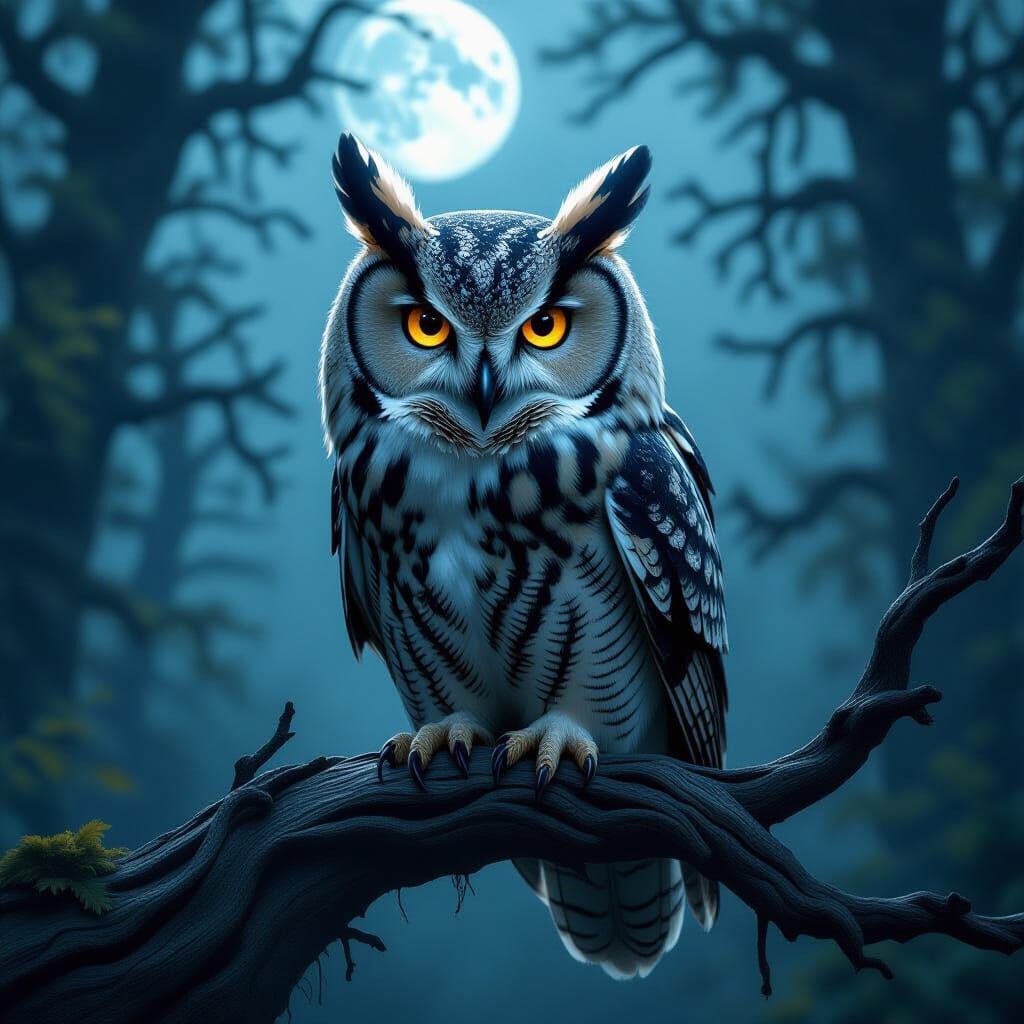 Moonlit Owl in Gothic Sci-Fi Forest