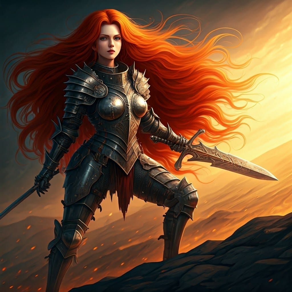Red-Haired Witch Knight on Hill in Anime Realism