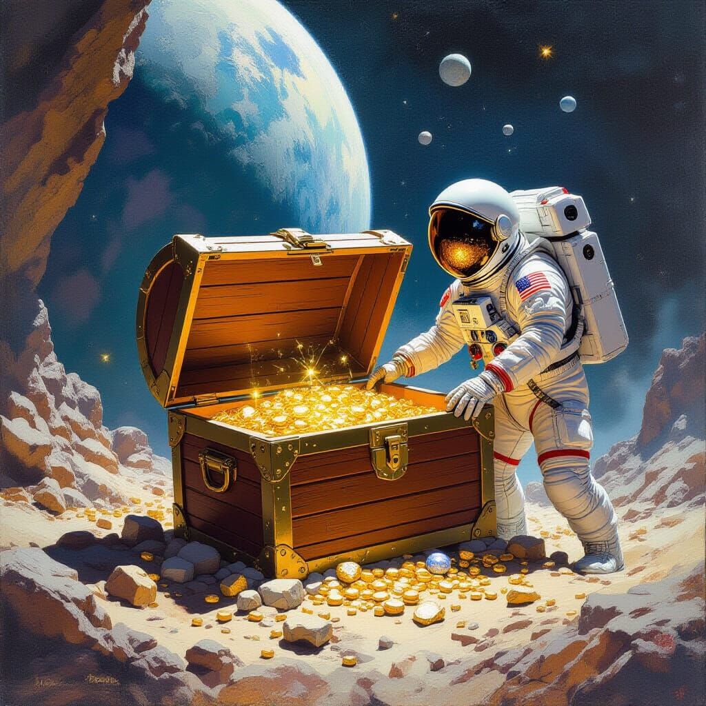 Astronauts Discover Ancient Treasure Chest: Oil Painting