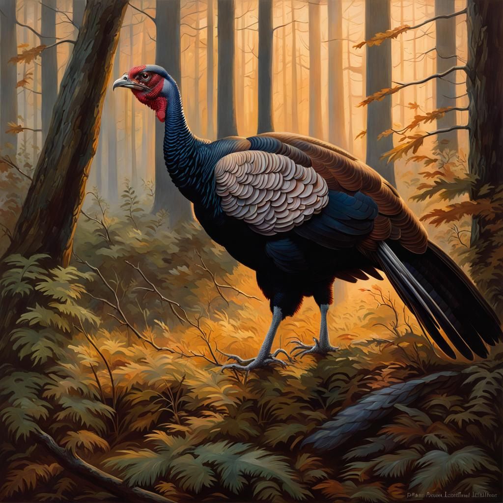 Wild Turkey Painting at Dawn in Forest