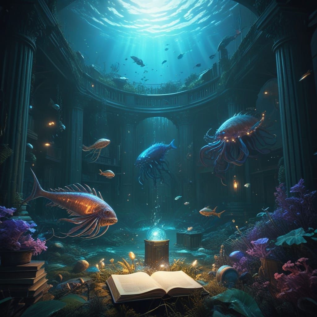 Majestic Underwater Library in Ethereal Light