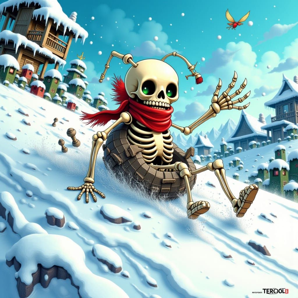 Little Skelly Rolls Down Snowy Mountain in Storybook Style