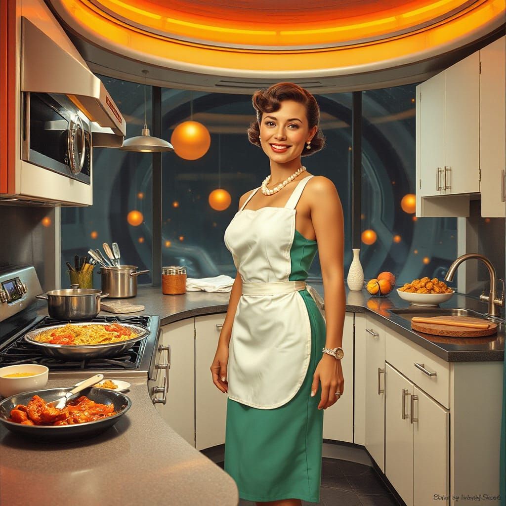 Retrofuturistic Tradwife Cooking in Orbital Kitchen