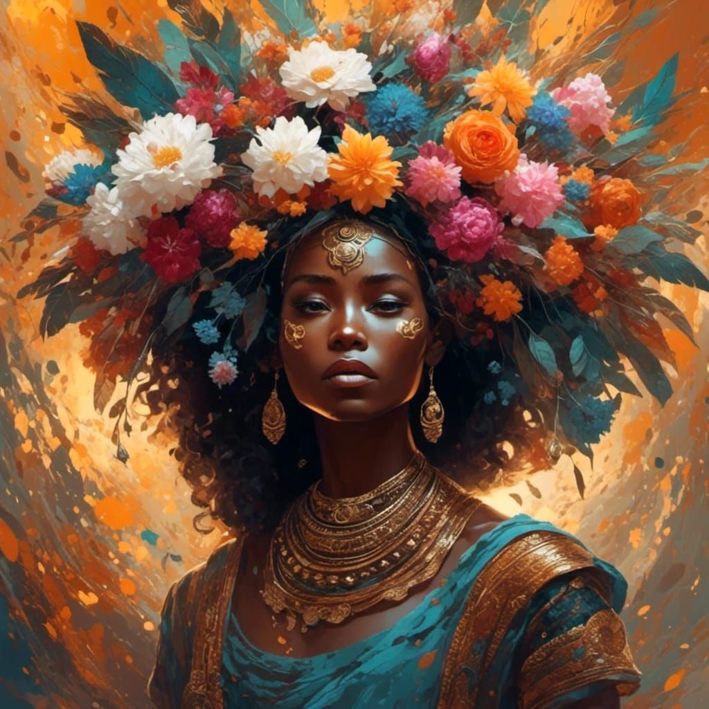 Black Tribal Woman with Flower Basket
