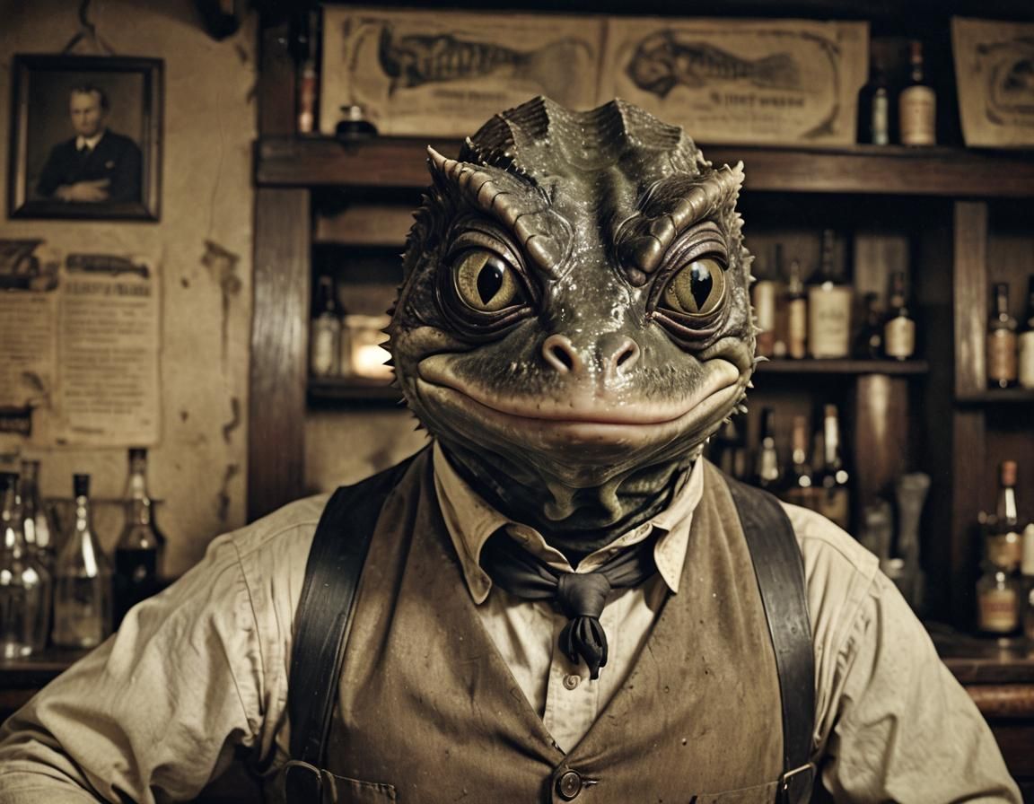 Fishlike Bartender in Innsmouth Pub: Vintage Photography