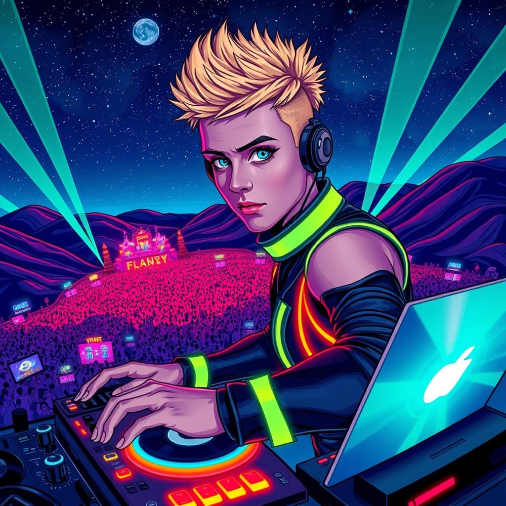 Psytrance DJ Under Starry Night Sky with Neon Lights and Glo...