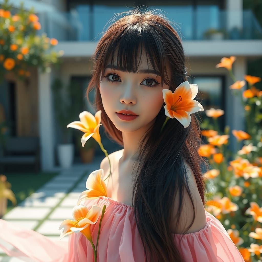 Anime Woman in Garden with Chiffon Dress