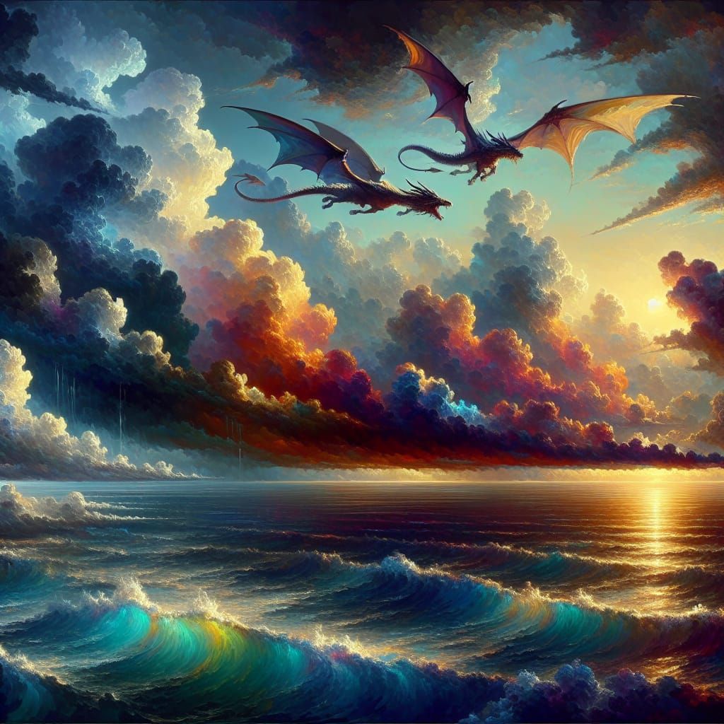Dragons Soaring Over Stormy Ocean in Romantic Style