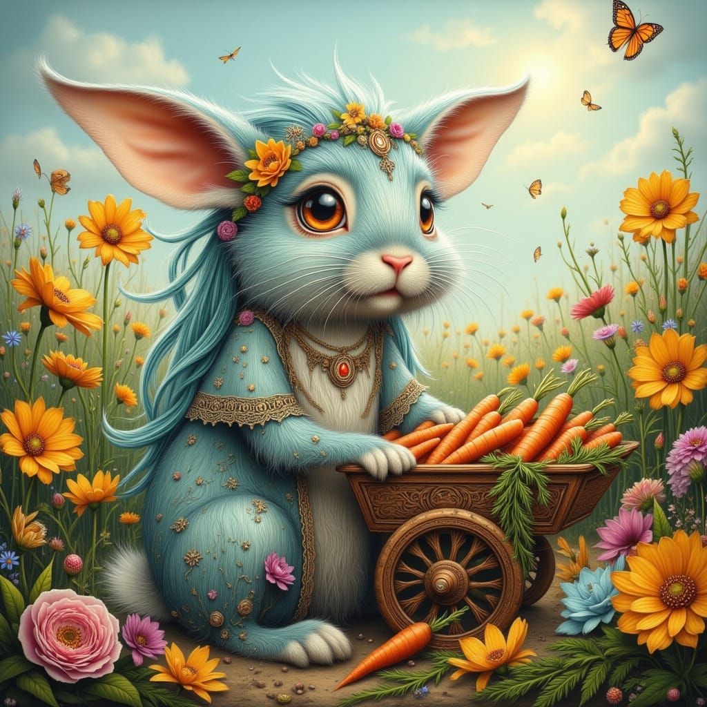 Whimsical Rabbit and Elf in Bohemian Field