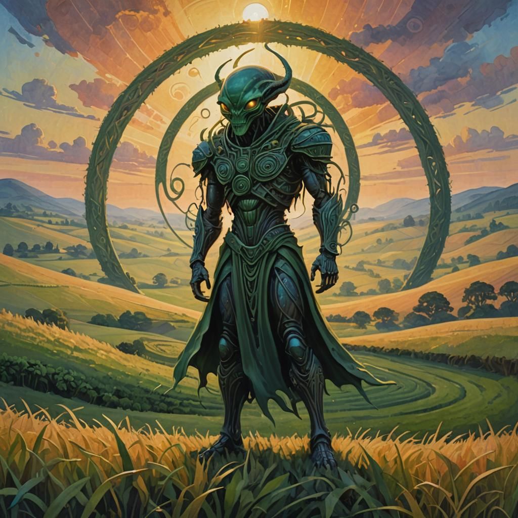 Alien in Celtic Crop Circle: Gouache Impressionism