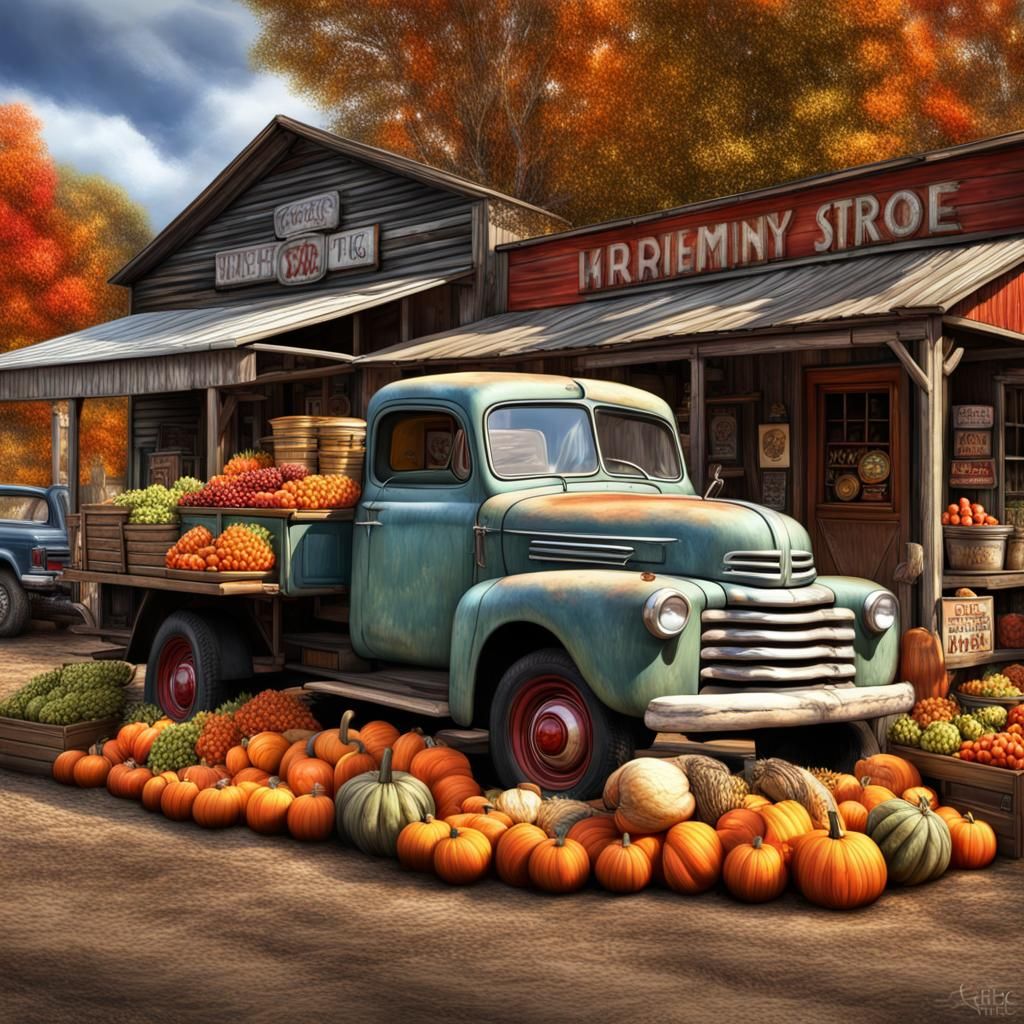 Hyperrealistic Country Store with Fall Produce