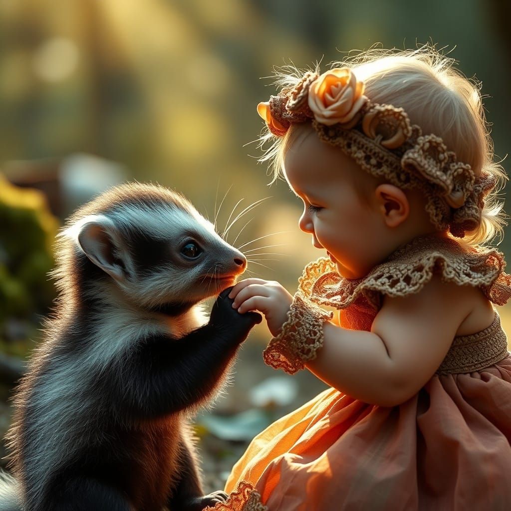 Adorable Baby Skunk and Toddler Share Gentle Greeting
