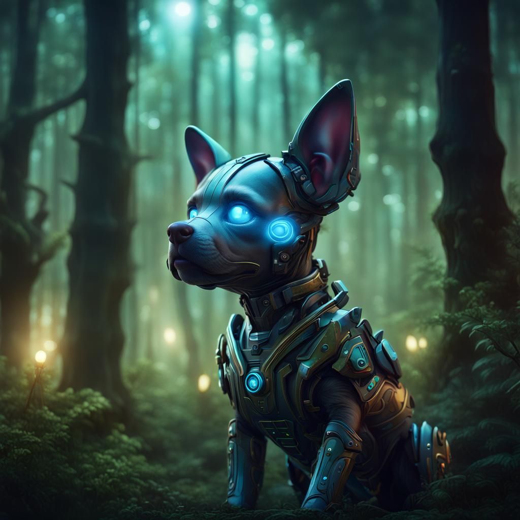 Android Puppy Portrait in Bioluminescent Forest, Detailed Di...