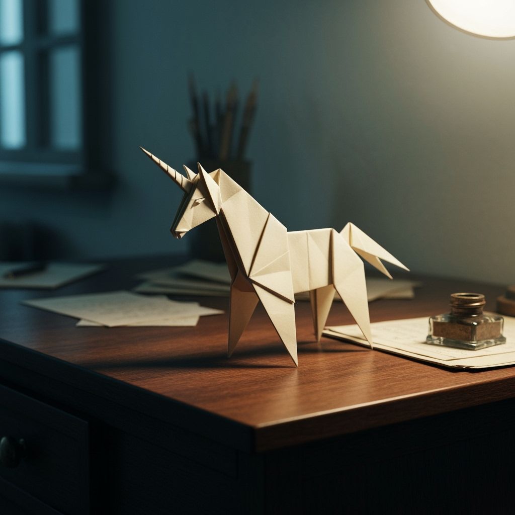 Photorealistic Origami Unicorn on Dark Wooden Desk