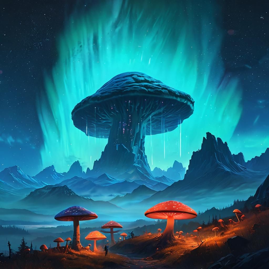 Aurora Lights Up Luminescent Mushroom Landscape