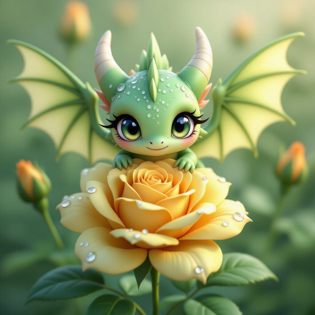 Cute Yellow Rose with Dragon Wings in Anime Style