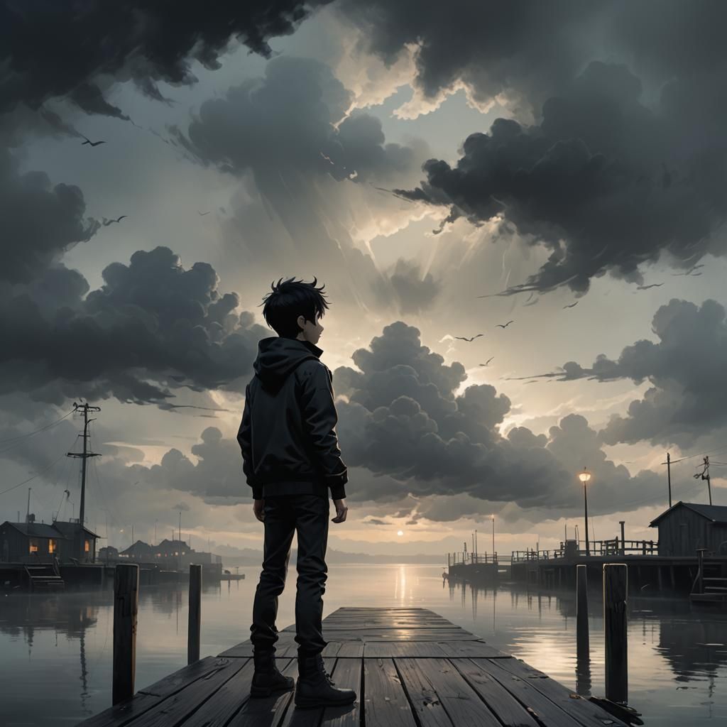 Boy on Dock in Dark Fantasy Style