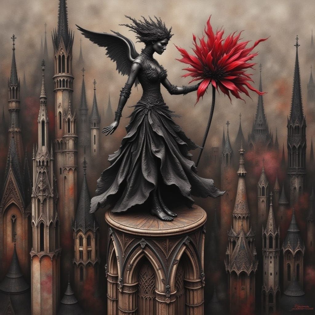 Gothic Cityscape with a Mysterious Angel