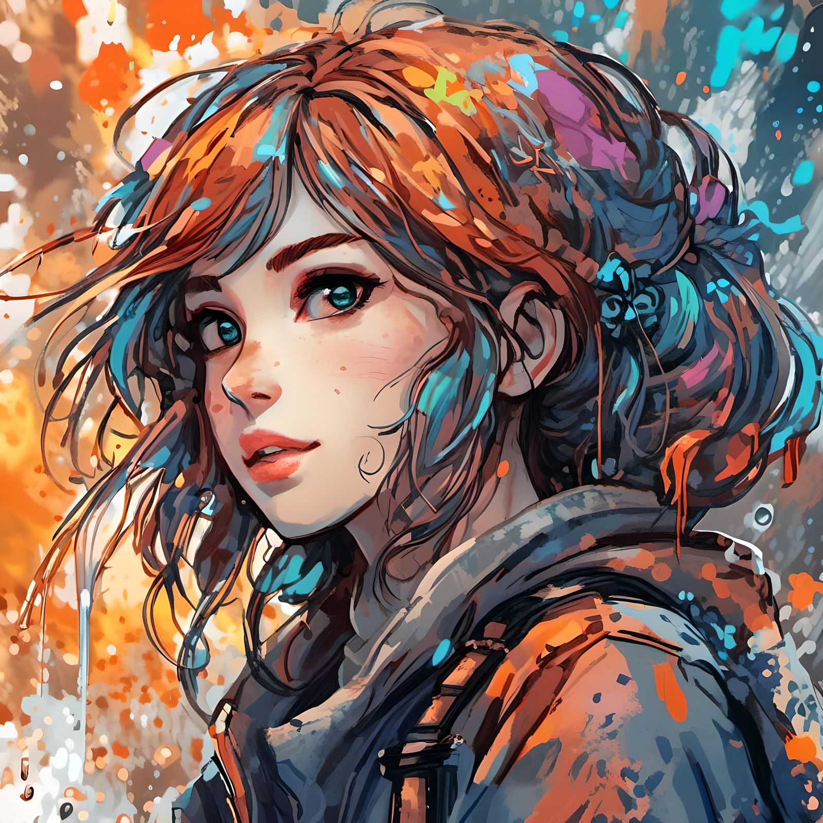 Colorful Anime Girl in Dystopian Cityscape