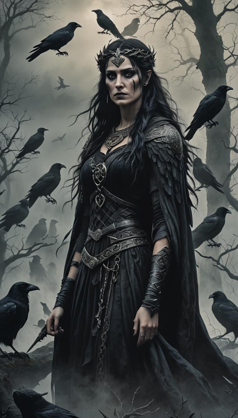 Capture the egnimatic presence of "Morrigan" the Celtic Godd...