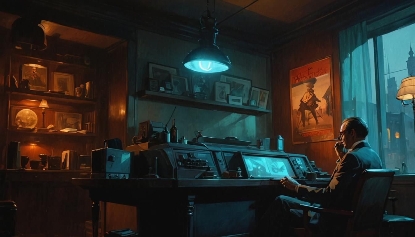 Detective in Syd Mead-Inspired Retrofuturistic Apartment