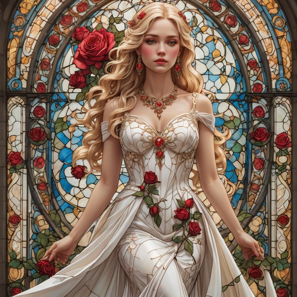 Goddess in Rose Adorned Gown, Stained Glass Art