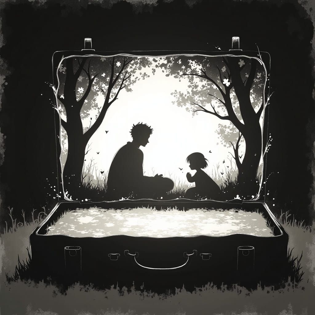 Vintage Family Picnic Photo in Weathered Suitcase